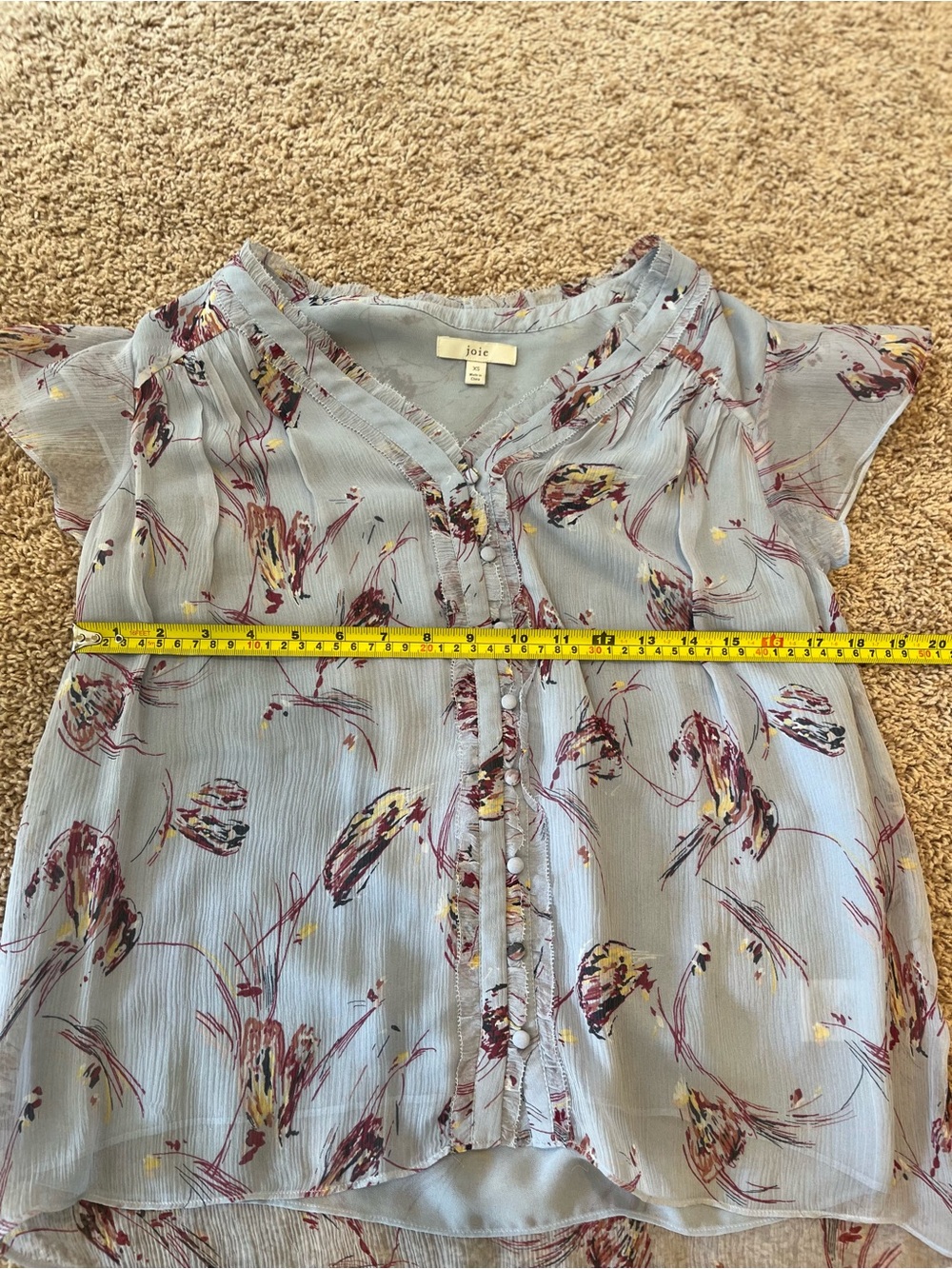 Joie XS Powder Blue Floral V-Neck Button Front Silk Blouse - Picture 8 of 11